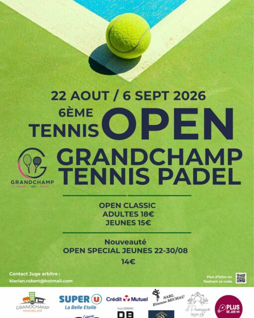 🔥 INSCRIPTIONS : DERNIÈRE CHANCE !
🏆 Au programme du 22 août au 6 septembre :
👉 Open Classic Adultes
👉 Open Classic Jeunes
👉 NOUVEAUTÉ : Open Spécial Jeunes (du 22 au 30/08)
📲 Inscrivez-vous dès maintenant :
1️⃣ Flashez le QR code sur l'affiche
2️⃣ Ou envoyez un mail à kierian.robert@hotmail.com
Taggez votre partenaire de double qui n'est pas encore inscrit ! 👇
#GrandchampTennisPadel #TournoiTennis #OpenGrandchamp #DerniereChance #JeuSetEtMatch #InscriptionImminente #TennisNantes