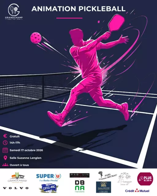 ANIMATION PICKLEBALL
Envie de découvrir le sport de raquette qui fait fureur ? 🔥
Le club Grandchamp Tennis Padel vous invite à un après-midi 100 % pickleball !
📅 Samedi 17 octobre 2026
🕑 De 14h à 17h
📍 Salle Suzanne Lenglen
💸 Gratuit
👨👩👧👦 Ouvert à tous : petits et grands, débutants comme confirmés
Un peu de tennis, un peu de padel, un peu de ping-pong… et beaucoup de fun ! Venez taper la balle et partager un bon moment en famille ou entre amis 💪
On vous attend nombreux ! 🎉
#pickleball #pickleballfrance #animationpickleball #grandchampdesfontaines #loireatlantique #nantes #tennis #padel #sportderaquette #sportpourtous #initiation #evenementsportif #sportenfamille #clubdetennis #gratuit