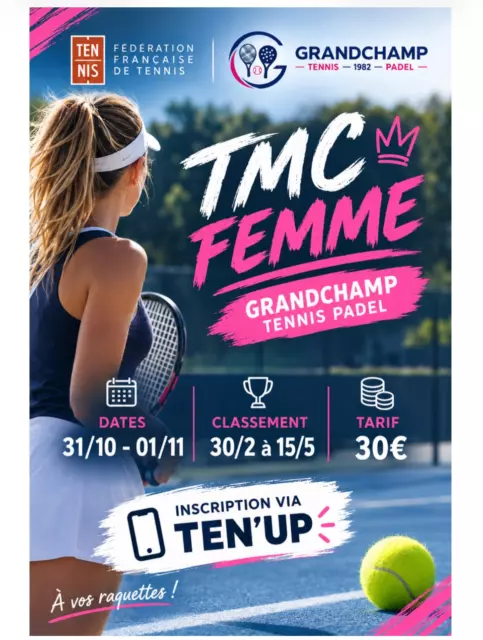 🎾💗 TMC FEMMES – GRANDCHAMP TENNIS PADEL 💗🎾
Mesdames, à vos raquettes ! 🔥🎾
Le Grandchamp Tennis Padel vous donne rendez-vous les 31 octobre et 1er novembre pour son TMC féminin ! 💪
🏆 Classement : de 30/2 à 15/5
💰 Tarif : 30 €
📲 Inscriptions sur Ten’Up
Que vous soyez compétitrice ou simplement prête à relever un nouveau défi, venez partager un week-end de tennis, de sport et de convivialité ! 💗
👉 Inscrivez-vous dès maintenant et rejoignez-nous sur les courts !
On compte sur vous ! 🎾💥
#grandchamptennispadel #tmcfemmes #tennisféminin #tennis #tennispassion 🎾🎾